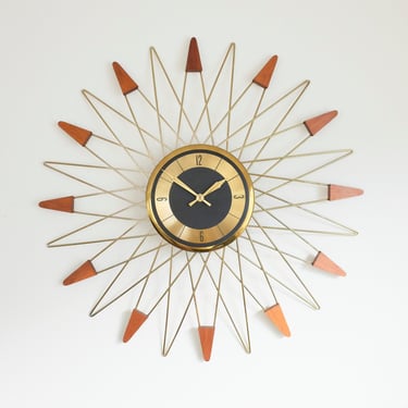 Starburst Clock - Wood / Brass accented Starbursts, Welby a Division of Elgin - Made in Germany 
