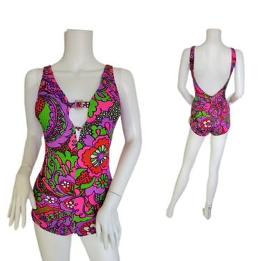 One Piece 1960's Purple Psychedelic Print Floral Bathing Suit I Swimsuit I Sz Med 