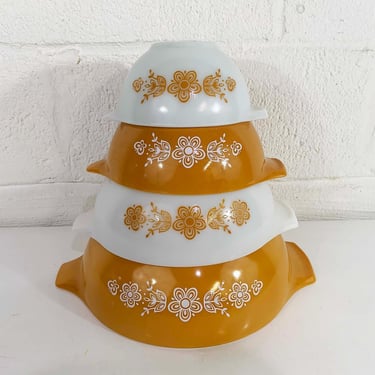 Vintage Pyrex Butterfly Gold Cinderella Mixing Bowls Set of 4 Ovenware 444 443 442 441 Milk Glass Dish Dishes Mid-Century Retro Oven USA 