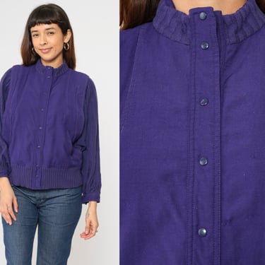 80s Purple Windbreaker Jacket Snap Up Bomber Plain Simple Knit Sleeve Mock Neck Basic Jacket Retro Sportswear Vintage Streetwear Medium M 