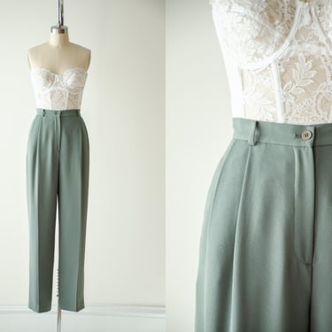 high waisted pants | 90s vintage light sage green cottagecore academia pleated straight leg trousers 