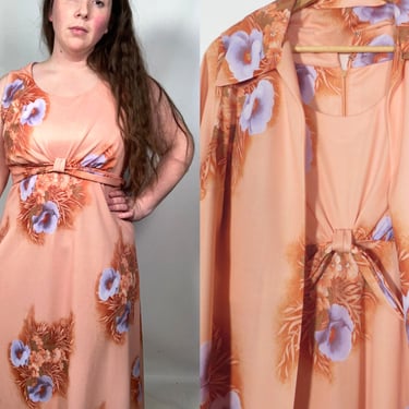 Vintage 70s Plus Size Hawaiian 2 Piece Set Maxi Dress Size XL 