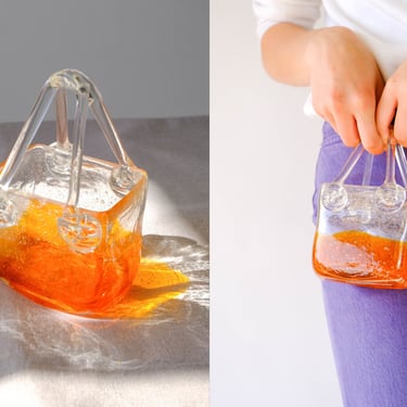 Vintage 70s Mini Handblown Orange Ombre Bubble Glass Handbag Purse | Cottagecore, Basket, Keepsake | 1970s Decorative Murano Glass Bag 