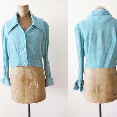 Vintage Indian Cotton Green Blue Crop Top S M - 1970s Boho Cropped Long Sleeve Collared Blouse 