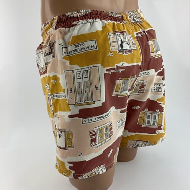 1950'S PENNEYS Swim Trunks - All Printed Cotton - Coin Pocket - Draw String Waistband - Trunk Lining - Men's 32-34 Inch Waist 