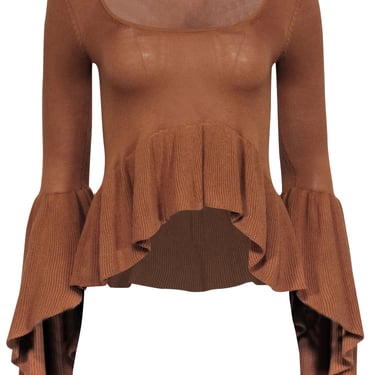 LPA - Tan Scoop Neck Long Sleeve Sweater w/ Bell Sleeves &amp; Ruffle Hem Sz XS