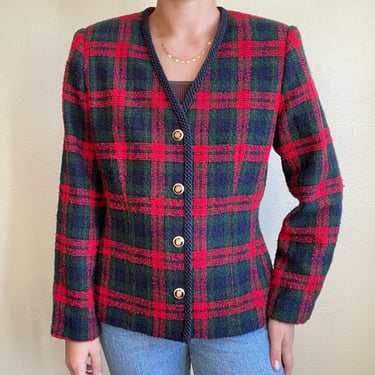 Vintage 80s Womens Lord Taylor Christmas Theme Plaid Red Green Cropped Blazer 