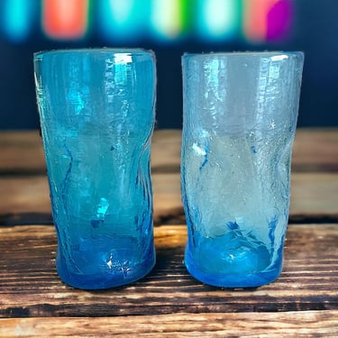 Vintage Blenko Glass Crackled Dimple Tumblers Turquoise Mid Century Modern (2) 