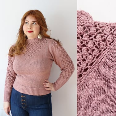 SIZE S 1980s Mauve Pink Bloucle Sweater / 80s Bobble Knit Sweater Statement Sleeves / Bishop Sleeve 