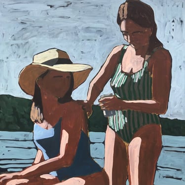 Women at Lake  #2 - Original Acrylic Painting on Canvas 30 x 30, large, lake, water, michael van, summer, fine art, women, bathing, stripes 