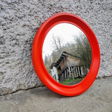 Vintage Orange Mirror/ Retro Mirror/ Orange Mirror/ Round Mirror/ Yugoslavia/ Wall Decor/ Round Plastic Mirror/ Mid Century Modern Mirror/70 