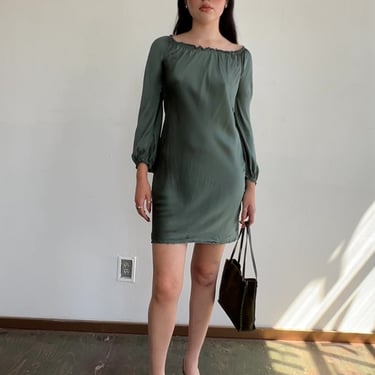 Sage Silk Satin Long Sleeve Dress (S)
