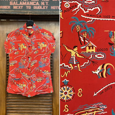 Vintage 1940’s Cartoon Natives Rayon Tea Timer Hawaiian Shirt Top, 40’s Rayon Shirt, 40’s Tiki Shirt, 40’s Tropical Print, Vintage Clothing 