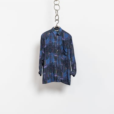 SILK ABSTRACT COLLARED Shirt Long Sleeves Vintage Oxford Blue Button Up Light Oversize / Large 