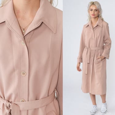 Blush Beige Trench Coat 70s Button up Full Length Jacket Retro Basic Belted Peacoat Long Mod Seventies Chic Tailored Vintage 1970s Small S 
