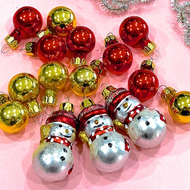 VINTAGE: 15pc - Small Frost Ball and Snowman Glass Ornaments - Christmas Bulbs - Holiday Ornaments - Decorations - Craft 