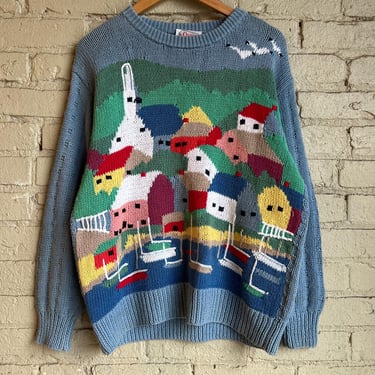 Med Large, Vintage 1990s ORVIS House Picture Knit Sweater, Blue 