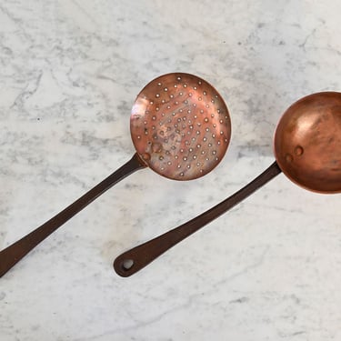 vintage french copper ladle and strainer
