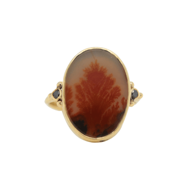 Oval Orange Dendritic Agate and Black Diamond Ring