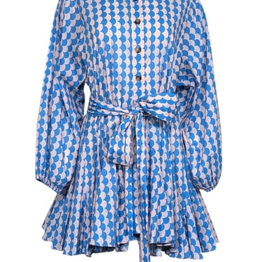 Rhode - Blue & Pink 'Emma' Scalloped Print Long Sleeve Mini Dress Sz S