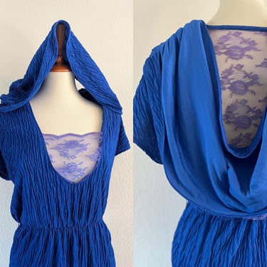 vintage crepe lace blue scarf hood dress size small 