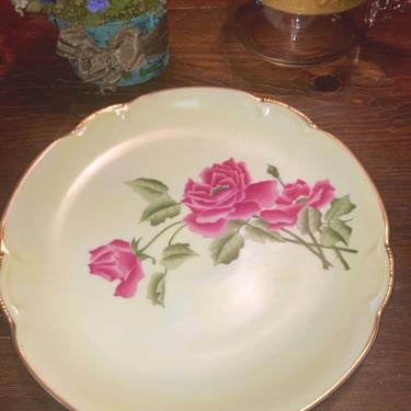 Vintage 13” Antique Cake Plate, Pastry Tray, Charger~ Large Butter Yellow, Pink Roses, JHR CHARLOTTE Bavaria China BTC Germany Hand Painted 