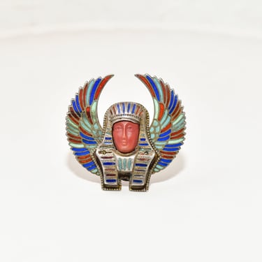 Egyptian Revival Enamel Brooch Pin, Colorful Winged Pharaoh Pin, Vintage Jewelry, 1.25