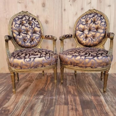 Antique French Louis XV Style Ornate Carved Giltwood Fauteuil Armchairs Newly Upholstered - Pair