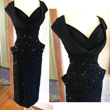 Supper Sexy 1950s Sequined Black Cocktail Party Dress with Pleated Bust Line -- Size Small 