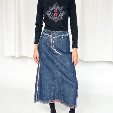Denim Frayed Paneled Skirt (XL)