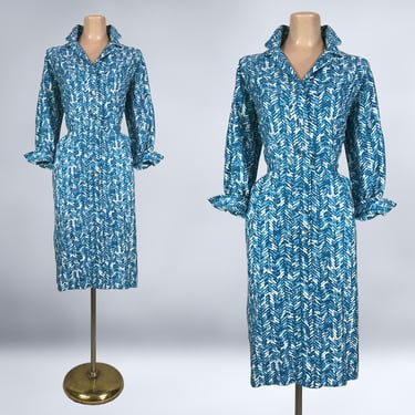 VINTAGE 50s Turquoise Blue Abstract Print Wiggle Dress 42