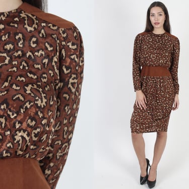 Vintage 80s Animal Print Dress, Brown Micro Suede, Formfitting Wiggle Party Mini Dress 