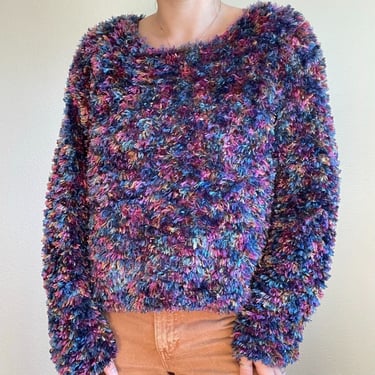 Vintage 90s Northeast Knitters Rainbow Fluffy Pride Winter Sweater Sz L 