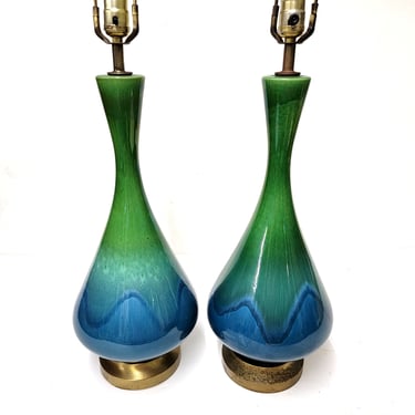 Mid Century Modern Blue Green Drip Glaze Pottery Lamps 