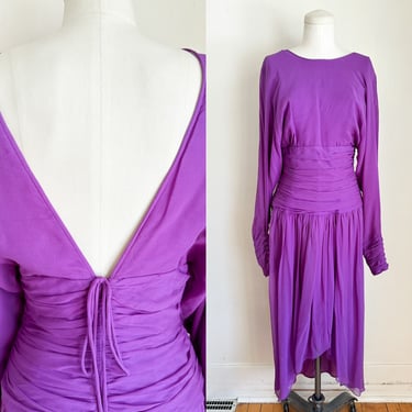 Vintage 1990s Iris Purple Silk Chiffon Drape Dress / XS 