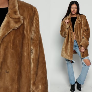Brown Faux Fur Jacket 70s FUZZY Coat Furry Vegan Vintage 80s Bohemian Wrap Chunky Animal Stripe Mod Bohemian Hipster Boho Large xl 