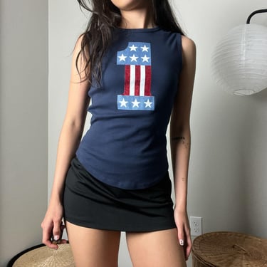 y2k vintage blue american usa flag 4th of july glitter graphic sleeveless baby tee tank top by eyeshadow 