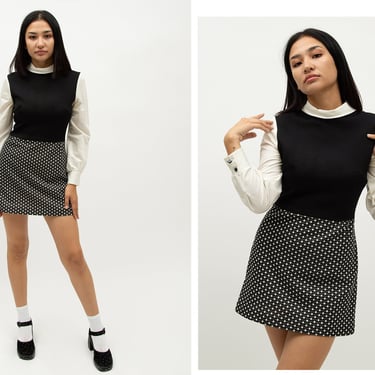 Vintage 1960s 60s Black & White Textured Contrast Mod Checkered Mini Dress Retro 
