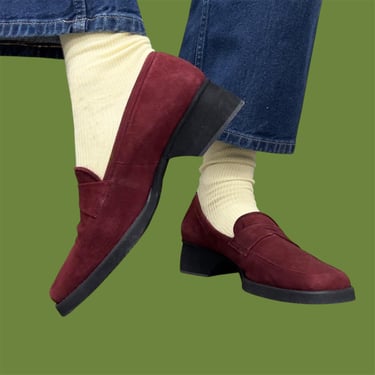 Vintage Loafers Retro 1990s Womens + Andre Assous + Featherweights + Size 9 +  Bordeaux +  Faux Suede + Slip On + Footwear + Made in Spain 