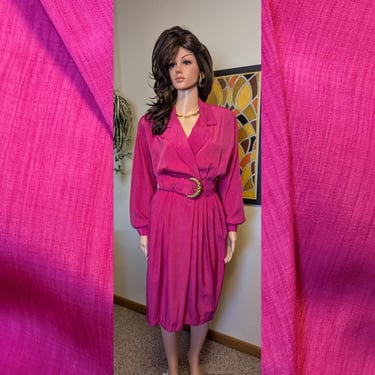 Vintage 1980s Hot Pink Fuchsia Belted Wrap Dress with Shoulder Pads and Gold Buckle / 80s 90s Secretary Power Dress 