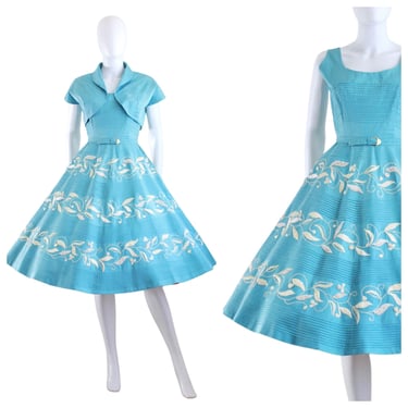 GORGEOUS 1950s Cyan Blue Fit & Flare Sundress with Chenille Embroidery and Matching Bolero - 1950s Blue Sundress and Bolero | Size Small 