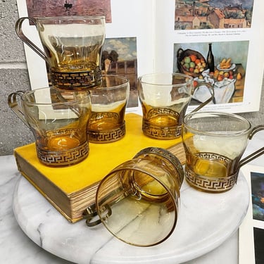 Vintage Coffee Cup Set Retro 1960s Libbey + Continental + Mid Century Modern + Set of 6 + Amber Glass + Greek Design + MCM + Drinkware 