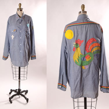 1970s Denim Chambray Long Sleeve Rainbow Striped Trim Embroidered Novelty Rooster Mens Button Down Shirt by JCPenney Big Mac -XL 