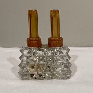 40s Art Deco Champrel Tiered Glass Double Perfume Bottle Bakelite Tops, antique gifts, unique gifts, gifts for grandma, grandmillennial 