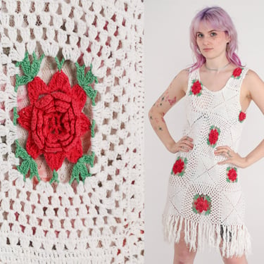 Floral Crochet Dress Y2k White Rose Fringe Sheer Boho Mini Dress Sleeveless Open Weave Beach Hippie Bohemian Vintage Red Flower 00s Small 