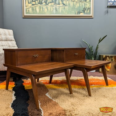 Pair of Mid-Century Modern walnut step tables with harlequin top by Lane
