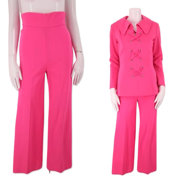 60s pink lace up bell bottom knit suit 4-6 / vintage 1960s neon tunic and bells pants outfit M 