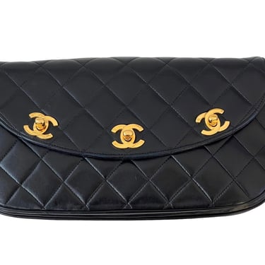 Vintage CHANEL TRIPLE CC Turn-lock Logo Black Quilted Leather Handbag Purse Clutch Evening Bag 
