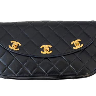 Vintage CHANEL TRIPLE CC Turn-lock Logo Black Quilted Leather