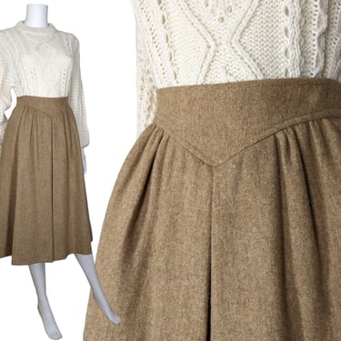 Vintage Flared Prairie Skirt, Extra Small / 70s Brown Yoked Midi Skirt / Warm Wool High Waist Pioneer Skirt with Pockets 